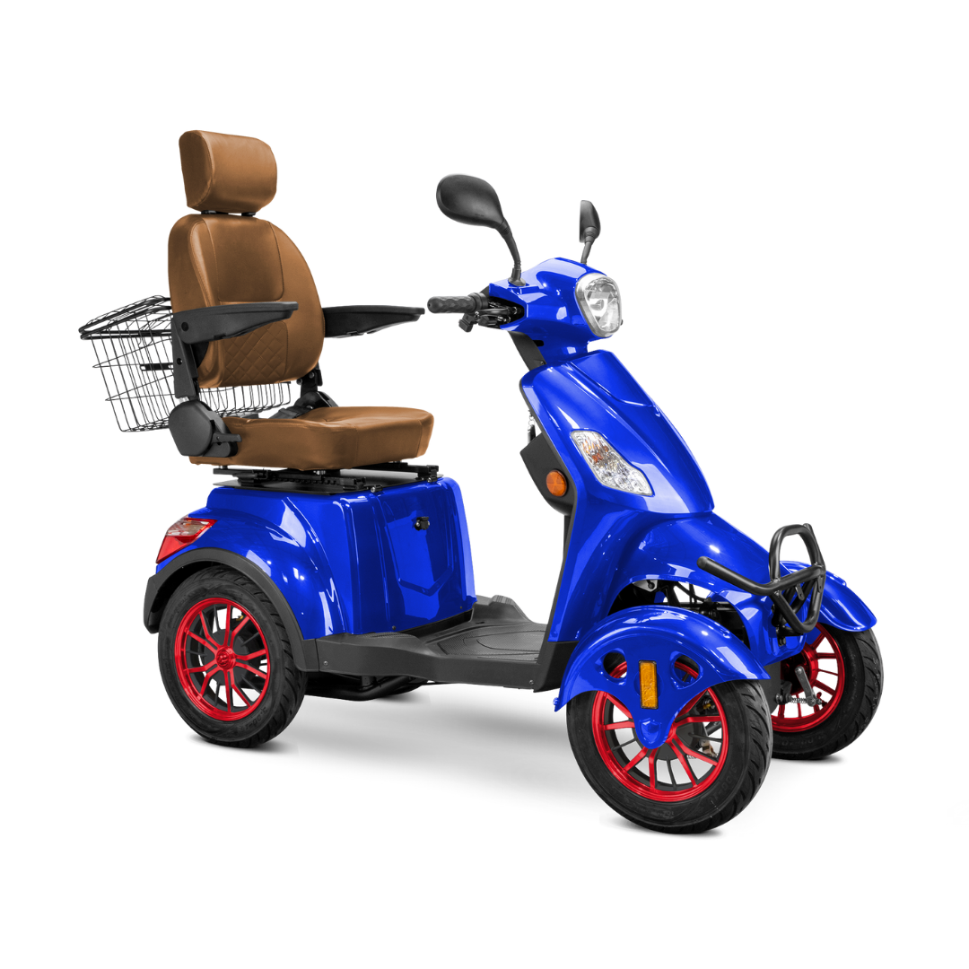 The Bespoke Prestige Recreational 4-Wheel Scooter features a blue frame, 600-watt motor, four wheels with red accents, an adjustable brown cushioned seat with armrests, rear black basket, and a front headlight.